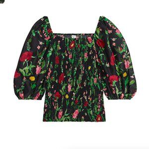 Arket Smocked Voile Blouse Floral Puff Sleeve Top cotton 36